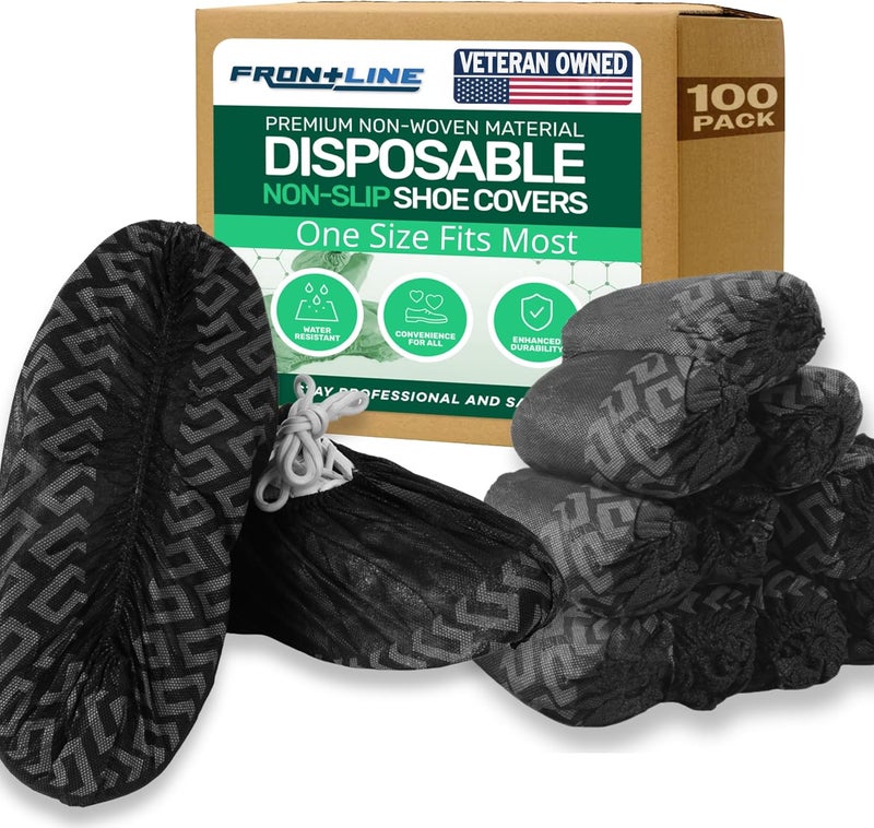 Frontline Shoe Covers Disposable Non-Slip 100 Pack, Premium Non-Woven Durable Booties Shoes Covers – Water Resistant Thick Anti-Slip - One Size Fits Most by (Black 100 Pack) - Image 1